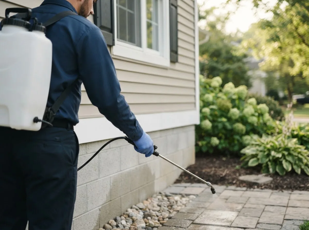 Pest control technician inspecting a home in Dalton, OH